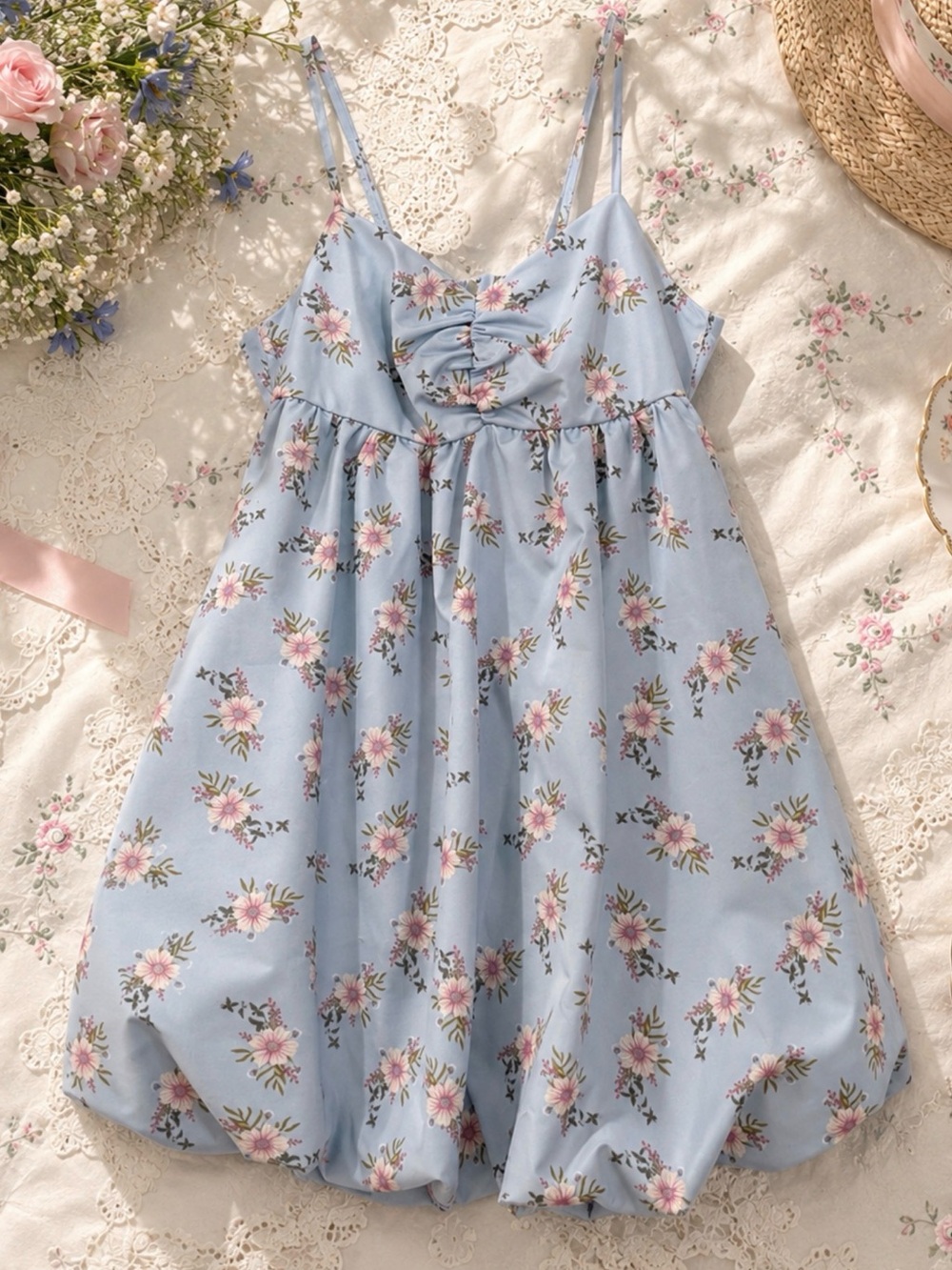 Free People In A Bubble Mini Dress Bluebell Floral Summer Coquette XS